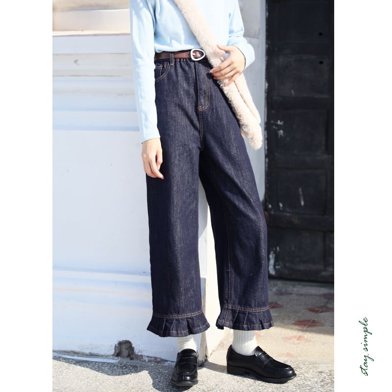 花吉K391靛蓝色脚口花边松紧腰九分直筒牛仔裤女2025新款冬九分裤