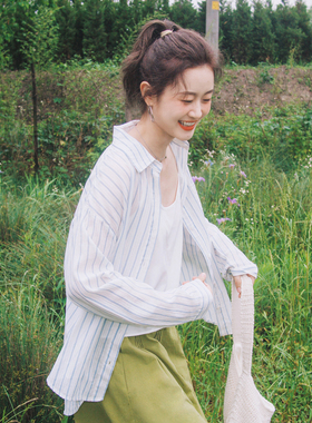 花吉C005白蓝色防晒纯棉长袖条纹衬衫女2026新款夏竖条纹全棉衬衣