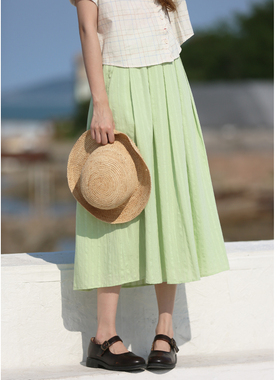 花吉Q491蜜瓜绿色竖条提花压褶全棉半身裙2025新款夏宽松中长款