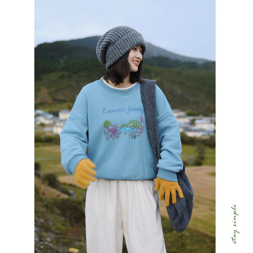 花吉灰蓝色印花撞色圆领卫衣
