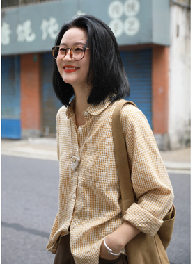 花吉C045麦秆黄元宝领长袖格纹衬衫女2026新款秋宽松格子衬衣