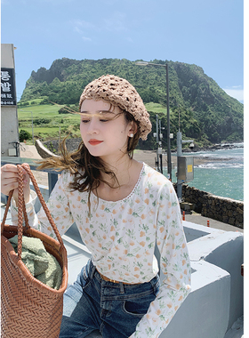 花吉B517浅色内搭圆领清新碎花长袖T恤女2025新款秋甜美学生上衣