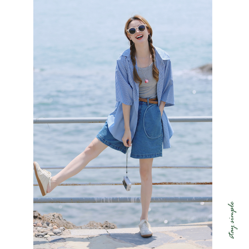 花吉K348深蓝色高腰复古弧形口袋设计牛仔短裤女2025新款夏牛仔裤