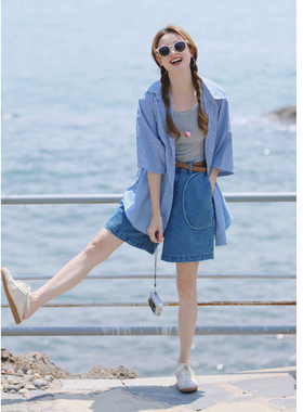 花吉K348深蓝色高腰复古弧形口袋设计牛仔短裤女2025新款夏牛仔裤