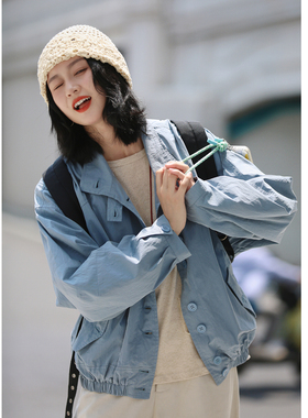 花吉C070灰蓝色复古撞色格纹外套女2025新款秋长袖宽松学院风夹克