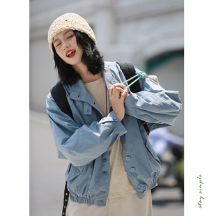 花吉C070灰蓝色复古撞色格纹外套女2025新款 宽松学院风夹克 秋长袖