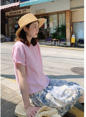 【花吉0423】“蜡笔”小粉格半开襟圆领小衫