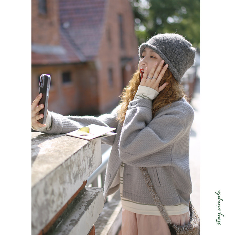 芋紫色宽松华夫格棒球服外套