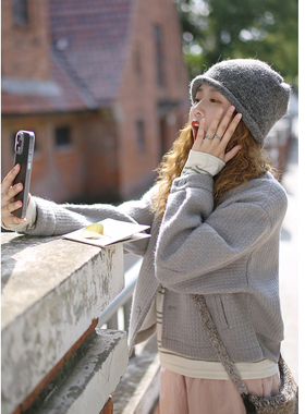 花吉B580灰色羊毛华夫格宽松棒球服外套女2026新款春秋小个子开衫