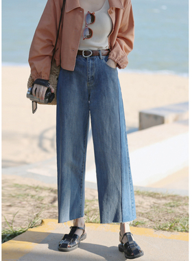 花吉K210蓝色侧边拼色阔腿直筒小个子九分牛仔裤女2025新款春裤子