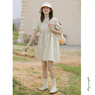 花吉Q398绿色显腿小个子泡泡袖衬衫连衣裙2026新款夏中长款衬衣裙