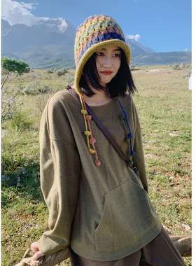 花吉C063苔藓绿圆领呢料卫衣女2026新款秋无帽宽松弹性长袖罩衫