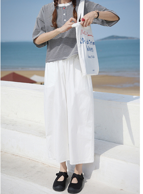 花吉K336白色宽松日系感全棉透气休闲裤女2026新款夏松紧腰裤子