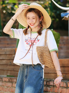 花吉B929白色滚边字母圆领印花撞色短袖T恤女2025新款夏纯棉上衣