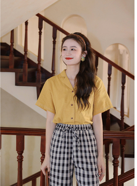 花吉B729姜黄色透气竹节棉明线西装领撞色衬衫女2025新款夏衬衣