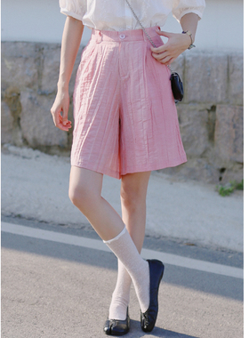 花吉K342粉色麻棉高腰宽松休闲短裤女2025新款夏短款A字型休闲裤