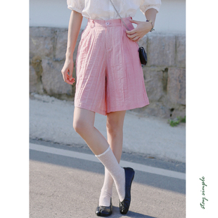 花吉K342粉色麻棉高腰宽松休闲短裤女2026新款夏短款A字型休闲裤