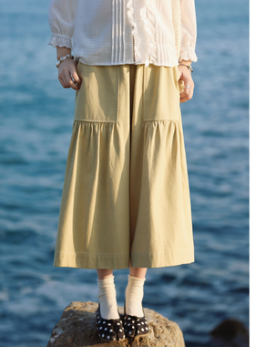 花吉L088浅黄色高腰阔腿竹节斜纹抽褶宽松裙裤女2026新款春休闲裤