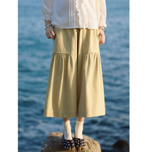春休闲裤 花吉L088浅黄色高腰阔腿竹节斜纹抽褶宽松裙裤 女2026新款