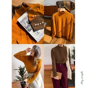 秋冬基础打底衫 花吉B550咖啡色半高领宽松休闲长袖 T恤女2026新款