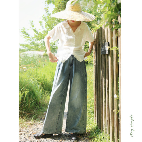 花吉蓝色高腰复古日系磨白牛仔裤