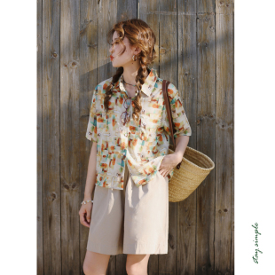 夏垂感衬衣 女2026新款 花吉B747复古印花宽松田园风翻领短袖 衬衫