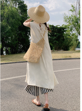 花吉Q474米色后背系带提花垂感背心连衣裙2026新款夏无袖背心裙