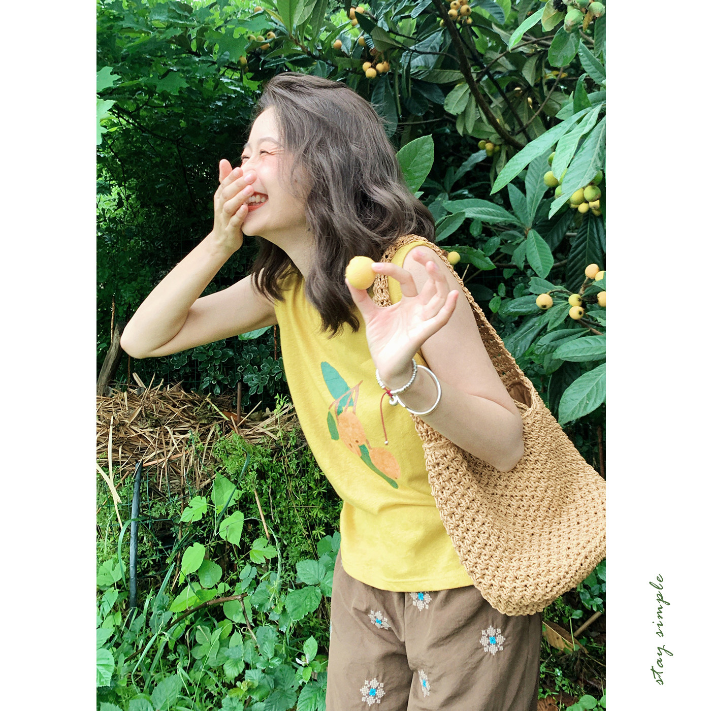 花吉黄色印花无袖宽松背心T恤