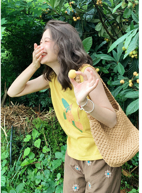 花吉B996黄色枇杷印花无袖宽松背心女2026新款夏棉麻圆领T恤上衣