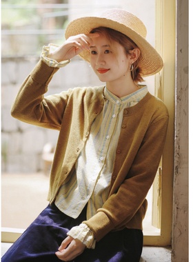 花吉C026秋香绿色垂感休闲宽松圆领针织开衫女2025新款秋针织衫