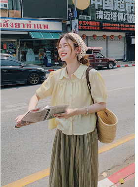 花吉B416黄色轻薄法式俏皮少女感抓褶娃娃衫衬衫女2026新款夏衬衣