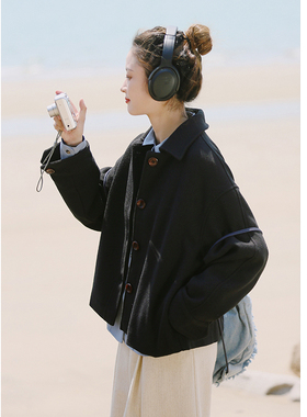 花吉B588黑色复古宽松直筒短款毛呢外套女2025新款秋冬学院风上衣