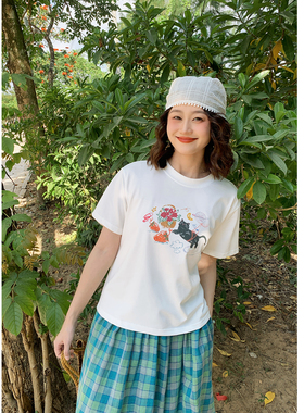 花吉C146白色圆领猫咪印花宽松短袖T恤女2026新款春甜美休闲上衣