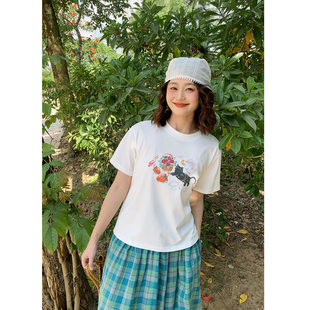 花吉C146白色圆领猫咪印花宽松短袖T恤女2026新款春甜美休闲上衣