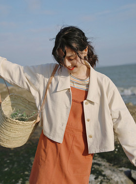 米色日系宽松后背刺绣短款外套女