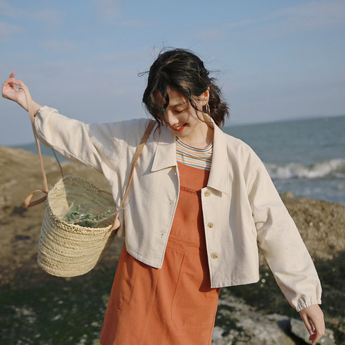 米色日系宽松后背刺绣短款外套女