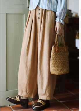 花吉K406卡其色门襟纽扣水洗麻日系休闲气球裤女2026新款春休闲裤