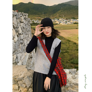 秋冬宽松马夹 花吉C097浅灰色美丽诺羊毛V领针织马甲女2026新款