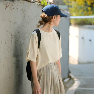 花吉B961米白色华夫格后背刺绣宽松圆领中袖 夏上衣 T恤女2026新款