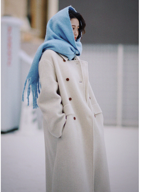 花吉C120米白色冬季经典双排扣直筒双面呢2025新款秋冬宽松大衣