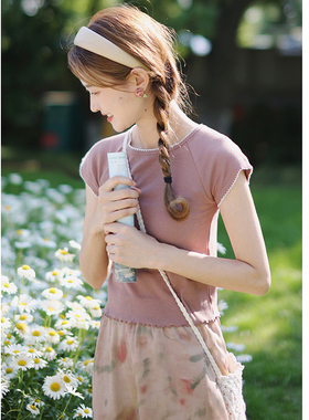 花吉B771玫瑰粉色撞色拷边修身螺纹短袖T恤女2026新款夏宽松上衣