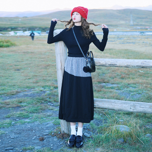 花吉Q506黑色高腰拼接条纹小圆口袋设计感半身裙2025新款 秋冬半裙