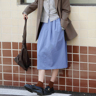 早春半裙 花吉Q495蓝色日系宽松小个子半松紧腰半身裙2026年新款