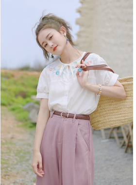 花吉B471米白色纯棉田园少女感绣花短袖衬衫女2025新款夏全棉衬衣