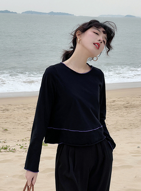 花吉A740米色卷边撞色内搭打底长袖T恤女2025年新款宽松打底衫