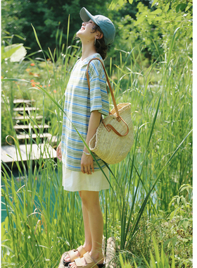 花吉B980蓝绿色条纹宽松圆领短袖T恤女2025新款夏中长款纯棉上衣