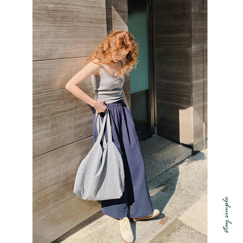 花吉K303藏青色松紧腰棉麻垂感宽松直筒休闲裤女2025新款春直筒裤