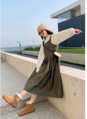 花吉Q445橄榄绿格子条纹大裙摆背心裙女2026新款秋冬背心连衣裙