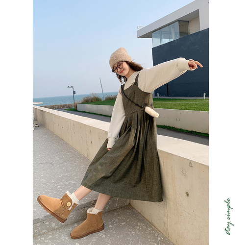 橄榄绿格纹大裙摆背心裙