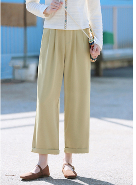 花吉K305杏黄色高腰垂感脚口翻边西装休闲裤女2026新款春直筒裤